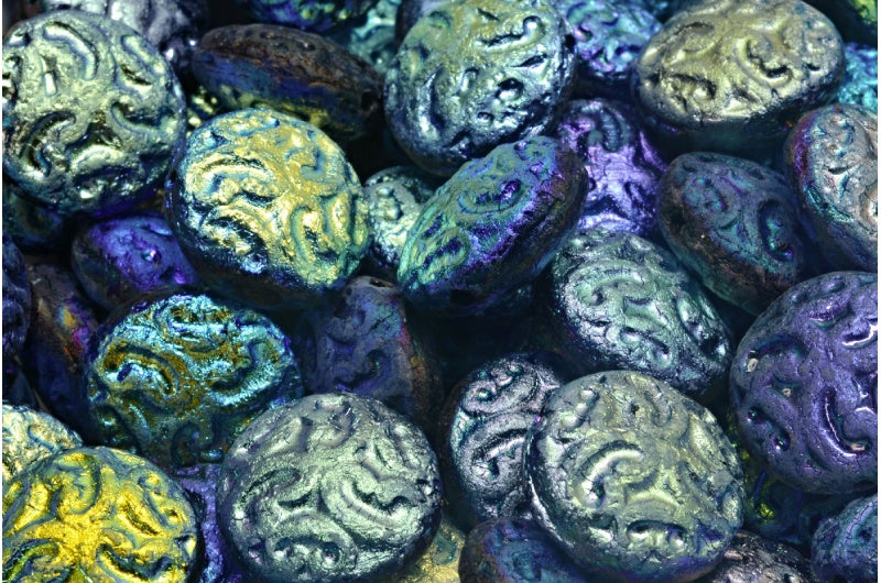 レンズ豆ビーズ(装飾付き)、ブラックエッチング加工(2Xサイド)(23980-etch-28703)、ガラス、チェコ共和国