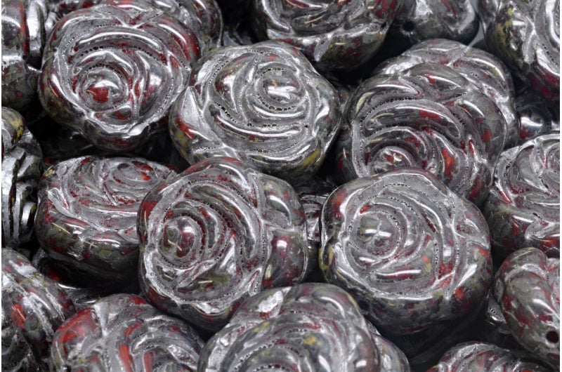 フラットラウンドローズフラワービーズ、オパールレッドトラバーチンシルバーライニング(91240-86800-54301)、ガラス、チェコ共和国