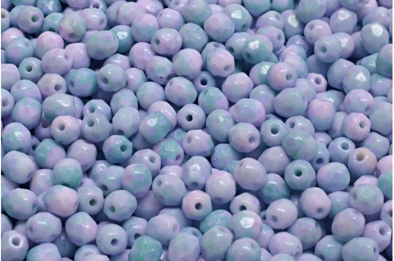 ファセット加工ラウンドファイアポリッシュビーズ、ホワイトティールコールドパープルスポット(R2613-33305)、ガラス、チェコ共和国