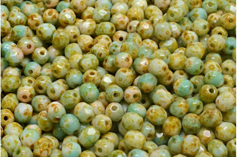 ファセット加工ラウンドファイアポリッシュビーズ、ホワイトティールトラバーチン(R2613-86800)、ガラス、チェコ共和国