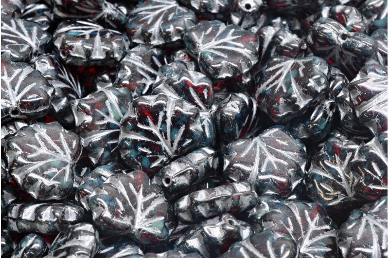 メープルリーフビーズ、ルビーレッドトラバーチン、シルバーライニング(90080-86800-54301)、ガラス、チェコ共和国