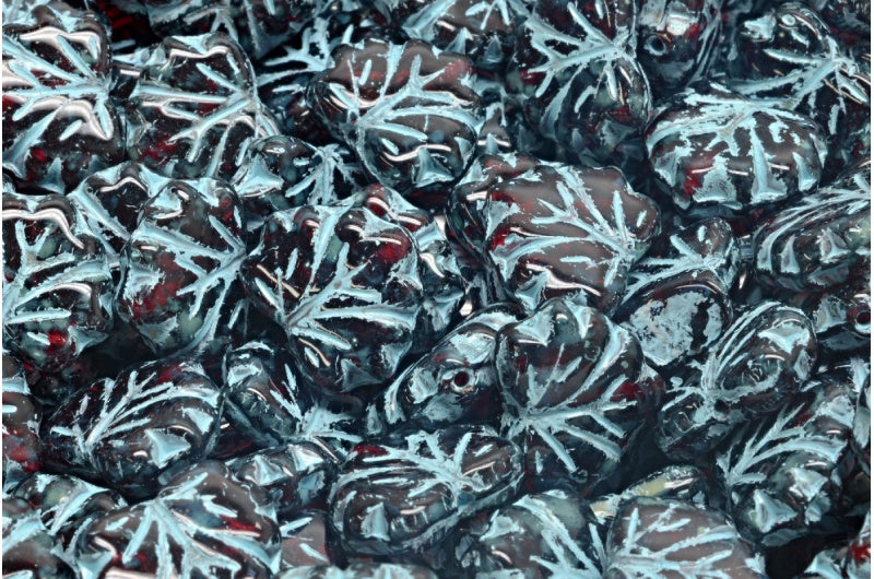 メープルリーフビーズ、ルビーレッドトラバーチンライトブルーライン(90080-86800-54308)、ガラス、チェコ共和国