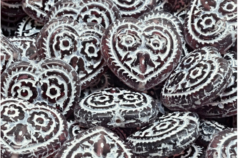 フォークロアの花のビーズがあしらわれたハート、透明なライトアメジストホワイトのライン入り(20050-54312)、ガラス、チェコ共和国