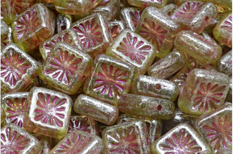 スクエアキウイビーズ、透明グリーン、ピンクライン、シルバーグレー(50220-43807-34301)、ガラス、チェコ共和国