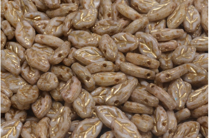 チェリーリーフビーズ、ホワイトトラバーチン、ゴールドライン(02010-86800-54302)、ガラス、チェコ共和国