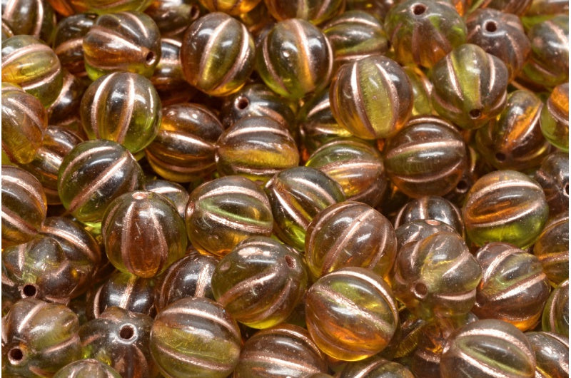 瓜珠,透明橙色透明绿色铜衬里(10080-50210-54318),玻璃,捷克共和国