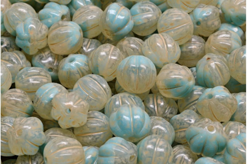 メロンビーズ、ブルーベージュトラバーチン斑点(R0641-33301)、ガラス、チェコ共和国