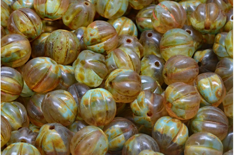 Melon Beads, Blue Travertin (R0641-86800), Glass, Czech Republic