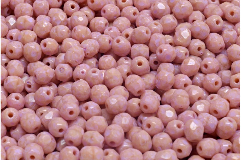 ファセット加工ラウンドファイアポリッシュビーズ、不透明ピンクコールドパープルスポット(74020-33305)、ガラス、チェコ共和国