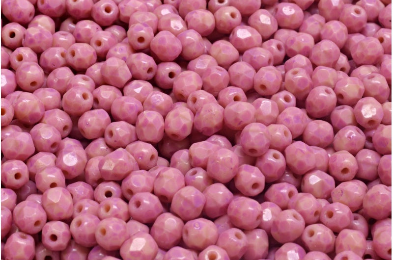 ファセット加工ラウンドファイアポリッシュビーズ、不透明ピンクピンクスポット(74020-33306)、ガラス、チェコ共和国