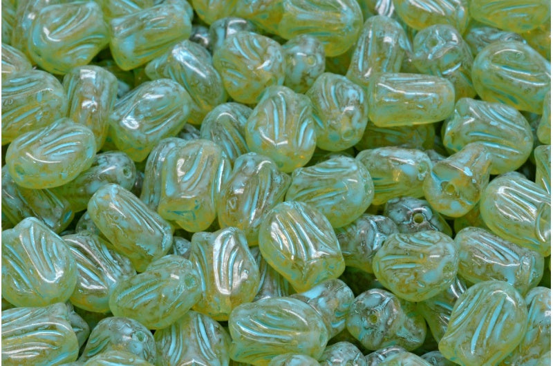 Mini Tulip Beads, Transparent Orange Turqouise Spotted (10060-33309), Glass, Czech Republic