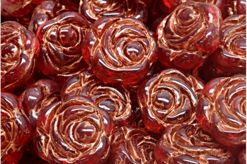 Flat Round Rose Flower Beads, Light Siam Copper Lined (90070-54307), Glass, Czech Republic