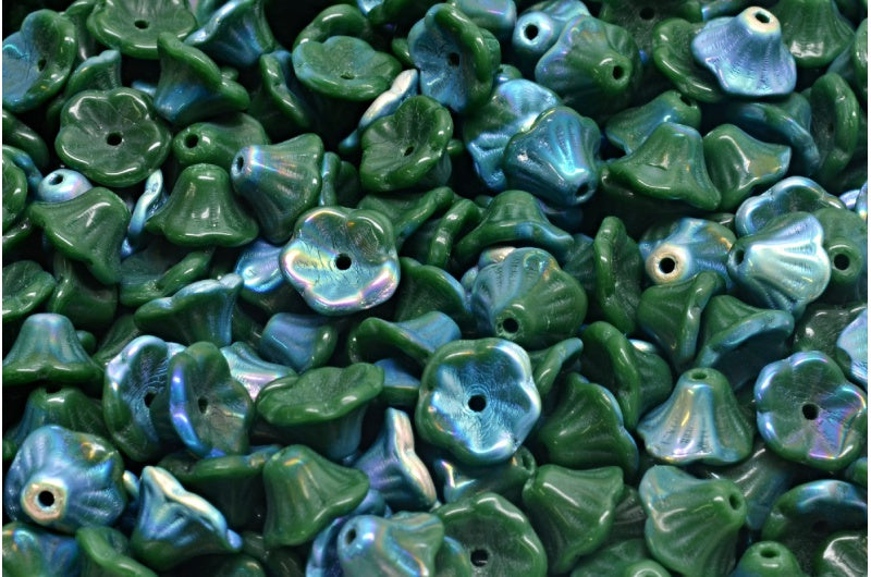 ベルフラワーカップビーズ、不透明グリーンAb(53240-28701)、ガラス、チェコ共和国