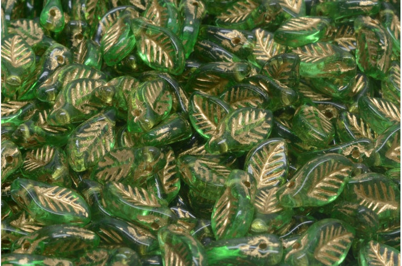 ベイリーフビーズ、透明グリーンゴールドライン(50030-54302)、ガラス、チェコ共和国