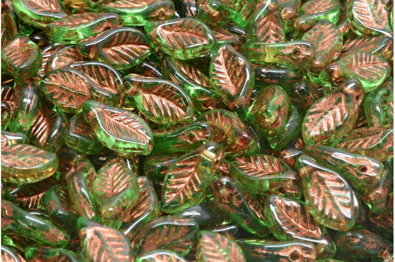 ベイリーフビーズ、透明グリーン銅線入り(50030-54319)、ガラス、チェコ共和国