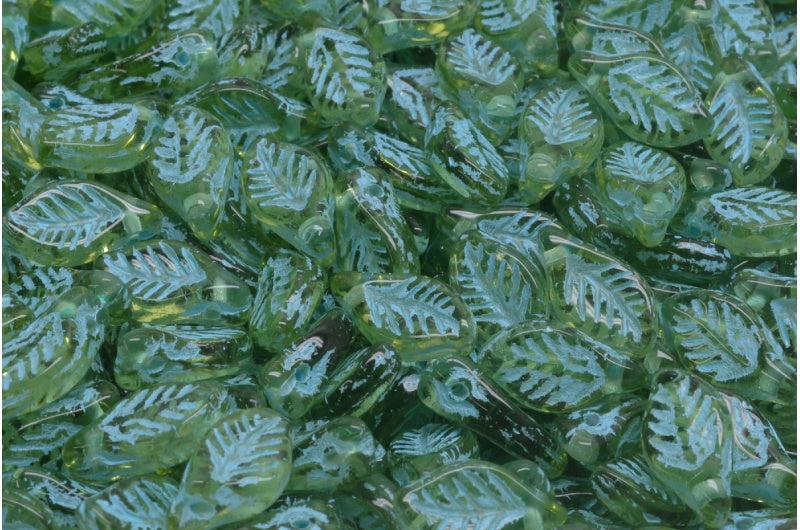 ベイリーフビーズ、透明グリーンライトブルーライン入り(50200-54308)、ガラス、チェコ共和国