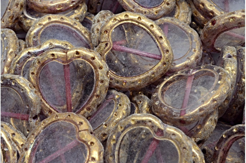 テーブルカットハートインハートビーズ、クリスタルブラス(00030-90215)、ガラス、チェコ共和国