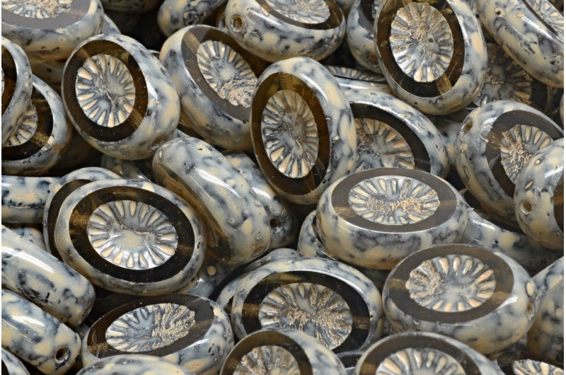 テーブルカットキウイビーズ、透明グレーベージュトラバーチンスポット(40030-33301)、ガラス、チェコ共和国