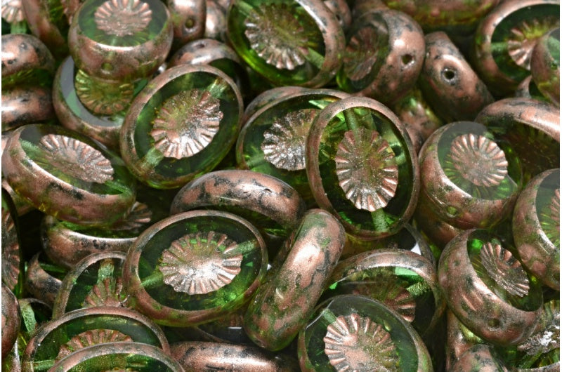 Table Cut Kiwi Beads, Transparent Green Copper Splash (50110-86750), Glass, Czech Republic
