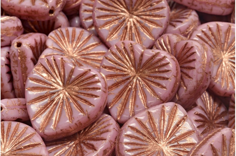 Kiwi Heart Beads, Opaque Pink Copper Lined (74020-54307), Glass, Czech Republic