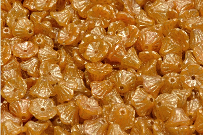 Bell Flower Cup Beads, Orange Gold Lined (R0912-54302), Glass, Czech Republic