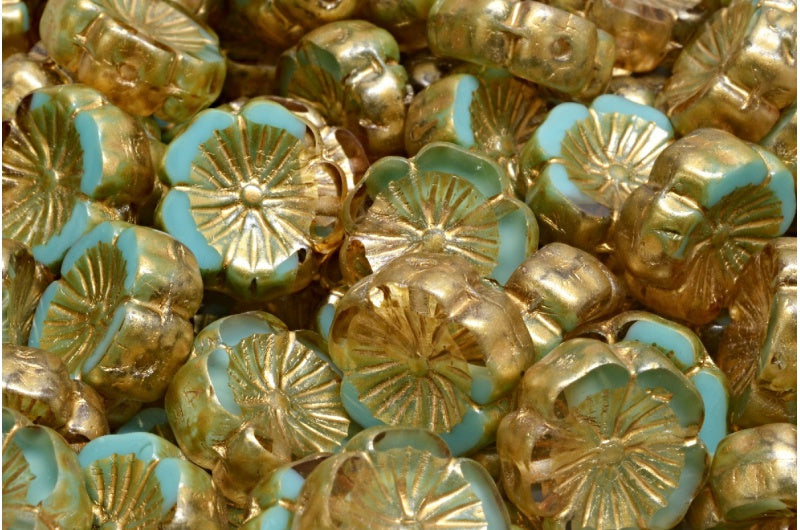 Table Cut Hawaii Flower Beads, R0613 Gold Splash (R0613-86720), Glass, Czech Republic