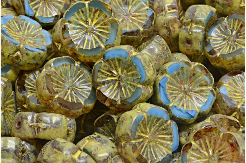 OUTLET 10 grams Table Cut Hawaii Flower Beads, 14 x 14 mm, 36017 Travertin Beige Yellow Spotted (36017-86800-33303), Glass, Czech Republic