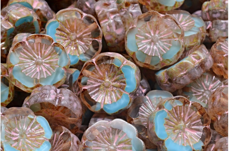 テーブルカットハワイフラワービーズ、クリスタルブルートラバーチンウォームパープルスポット(66017-86800-33304)、ガラス、チェコ共和国