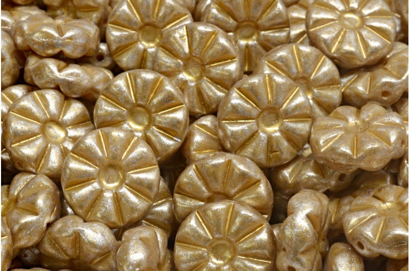 Sunflower Beads, Opaque Beige Gold Splash Silver Gray (13010-86720-34301), Glass, Czech Republic