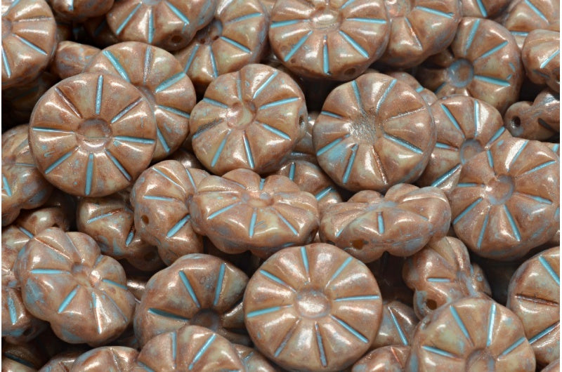 向日葵珠子,不透明米色铜色泼墨绿松石斑点(13010-86750-33309),玻璃,捷克共和国