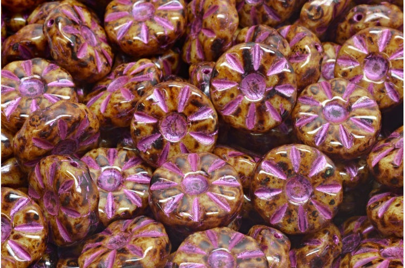 向日葵珠子,米色石灰华粉色内衬(13020-86800-43807),玻璃,捷克共和国