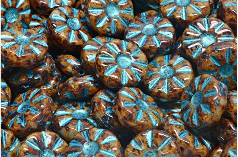 Sunflower Beads, Beige Travertin Light Blue Lined (13020-86800-43811), Glass, Czech Republic