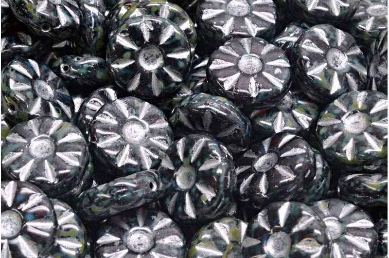 ひまわりビーズ、ルビーレッドトラバーチン、シルバーライン(90080-86800-54301)、ガラス、チェコ共和国