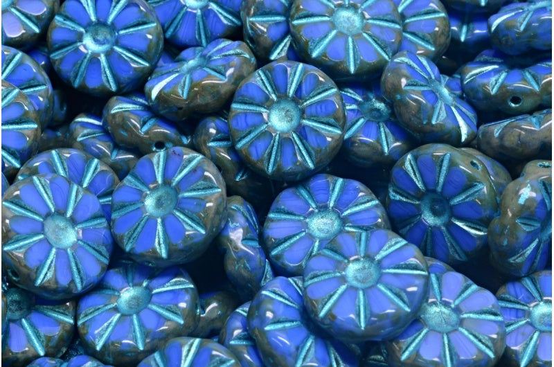 Table Cut Polished Sunflower Beads, Opaque Blue Travertin Light Blue Lined (33040-86800-43811), Glass, Czech Republic