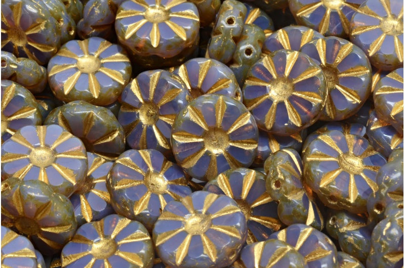 テーブルカット研磨ひまわりビーズ、透明ライトアメジストトラバーチンゴールドライニング(21000-86800-54302)、ガラス、チェコ共和国