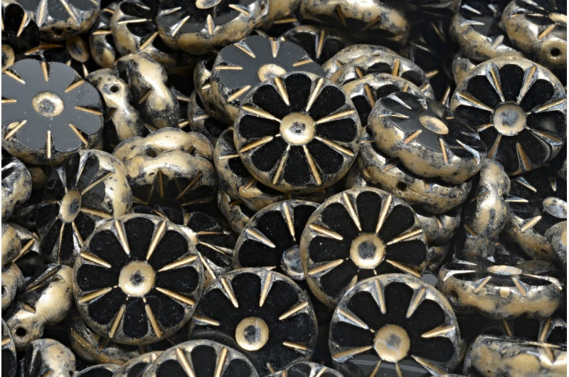 Table Cut Polished Sunflower Beads, Black Gold Splash (23980-86710), Glass, Czech Republic