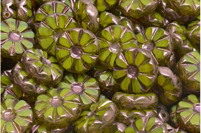 Table Cut Polished Sunflower Beads, Opal Yellow Purple (81210-15726), Glass, Czech Republic