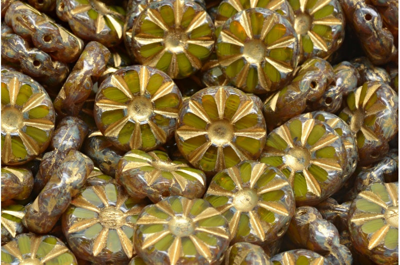 Table Cut Polished Sunflower Beads, Opal Yellow Travertin Gold Lined (81210-86800-54302), Glass, Czech Republic