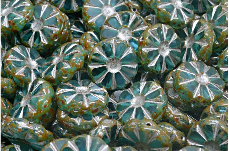 OUTLET 10g Table Cut Polished Sunflower Beads, 12 x 12 mm, Transparent Aqua Travertin Silver Lined (60010-86800-54301), Glass, Czech Republic