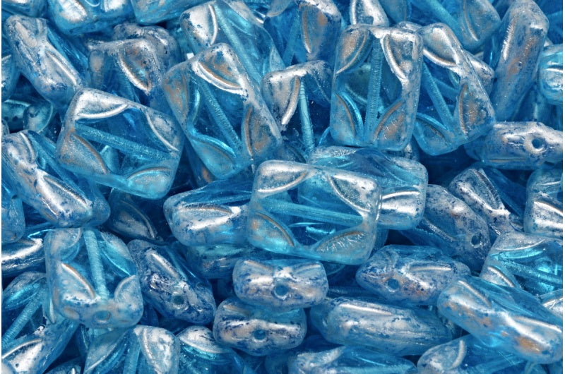 テーブルカット長方形ビーズ、透明アクアシルバースプラッシュ(60020-86700)、ガラス、チェコ共和国