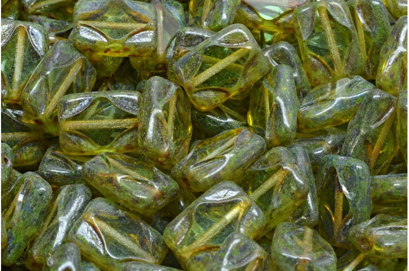 テーブルカット長方形ビーズ、透明グリーントラバーチンライトグリーン(50500-86800-34310)、ガラス、チェコ共和国