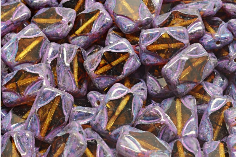 テーブルカットの長方形ビーズ、オレンジに茶色の線、トラバーチンピンクの斑点(18016-86800-33306)、ガラス、チェコ共和国