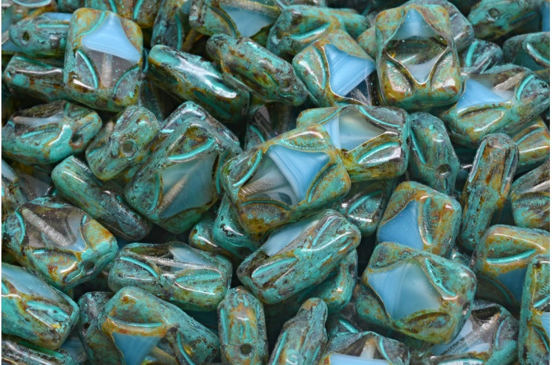 Table Cut Rectangle Beads, 36017 Travertin Turqouise Spotted (36017-86800-33310), Glass, Czech Republic