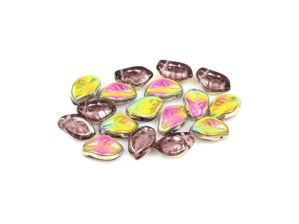 OUTLET 10 grams Wavy Leaf Beads, 9 x 14 mm, Transparent Light Amethyst Crystal Vitrail Medium Coating (20020-28101), Glass, Czech Republic
