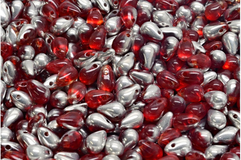 ドロップビーズ、ルビーレッド透明ライトトパーズイエロークリスタルシルバーハーフコーティング(90080-10020-27001)、ガラス、チェコ共和国