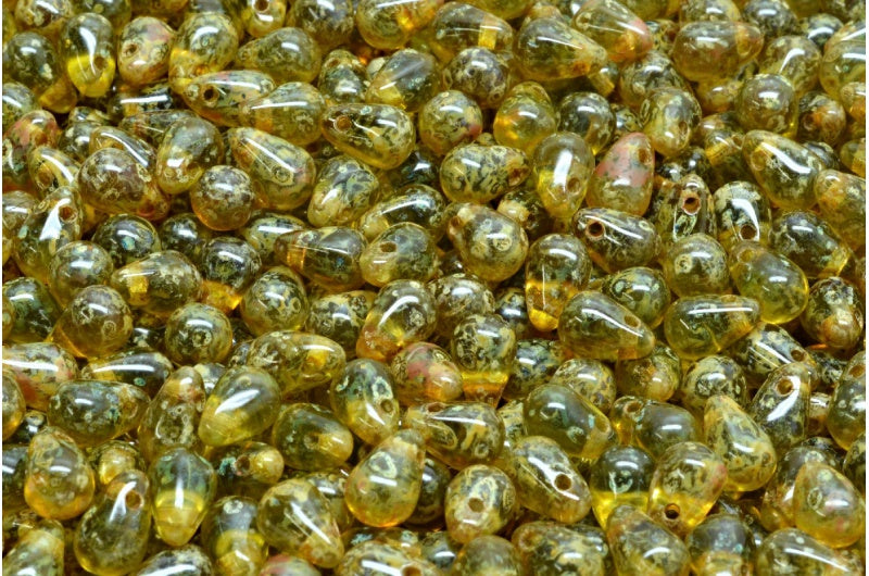 Drop Beads, Transparent Green Travertin (50210-86800), Glass, Czech Republic