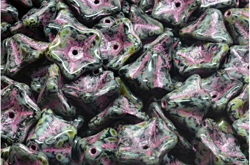 Petunia Flower Beads, Black Travertin Pink Lined (23980-86800-54321), Glass, Czech Republic