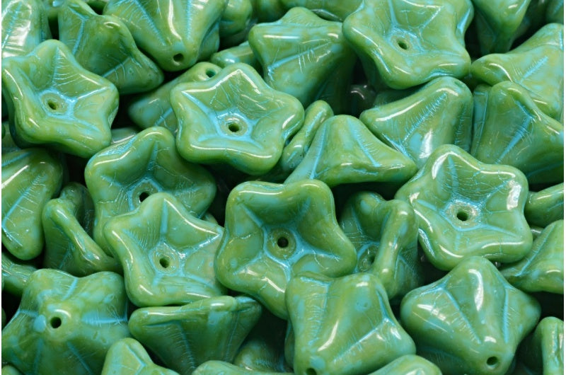Petunia Flower Beads, Opaque Green Turqouise Spotted (54020-33309), Glass, Czech Republic