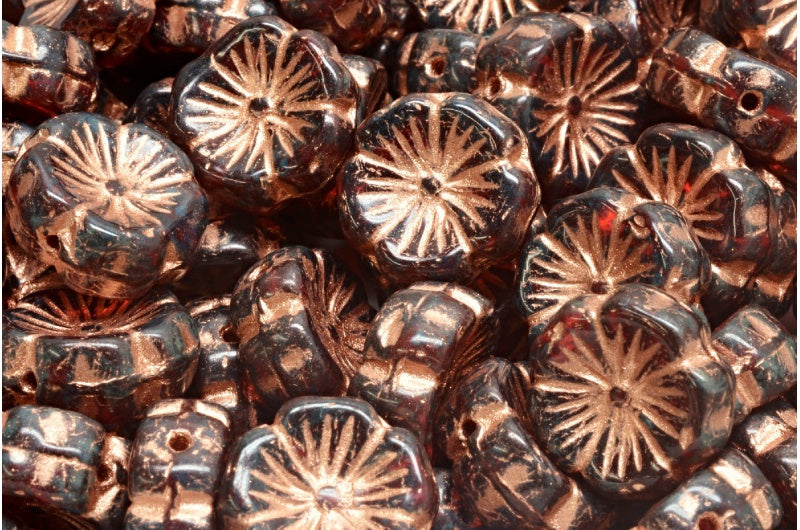 Hawaiian Flower Beads, Ruby Red Travertin Copper Lined (90080-86800-54319), Glass, Czech Republic