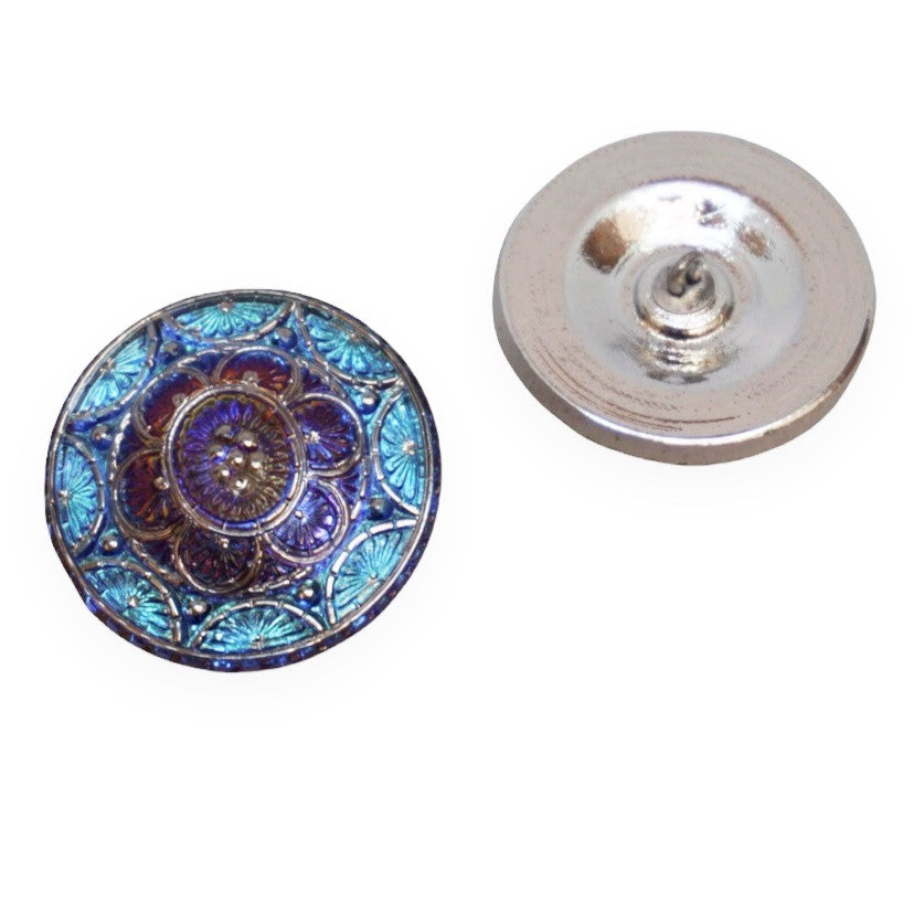 1個 ハンドペイントガラスボタン(飾り付き)、サイズ14(31.5 mm)、ガラス、チェコ共和国